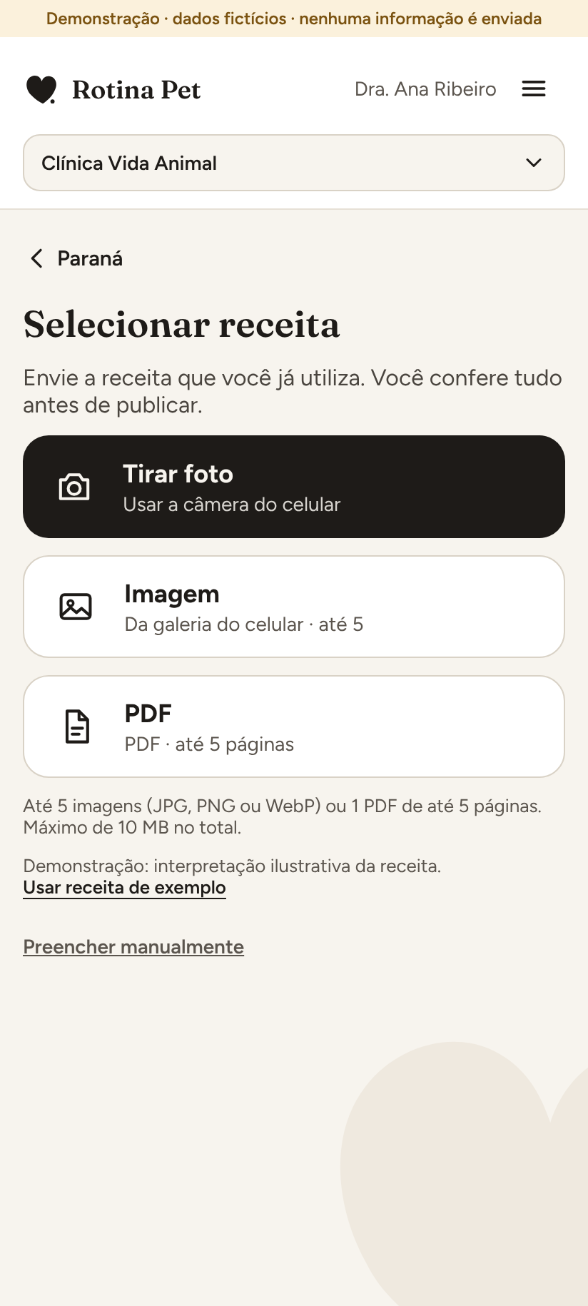 Tela do Rotina Pet para selecionar a receita do paciente Paraná, com as opções de foto, imagem ou PDF. Dados fictícios de demonstração.