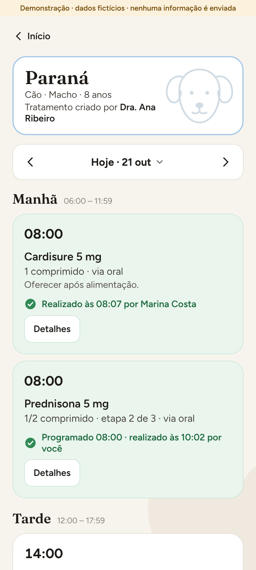Rotina do dia do Paraná na visão do tutor, com os horários da manhã, da tarde e da noite e as administrações já realizadas. Dados fictícios de demonstração.
