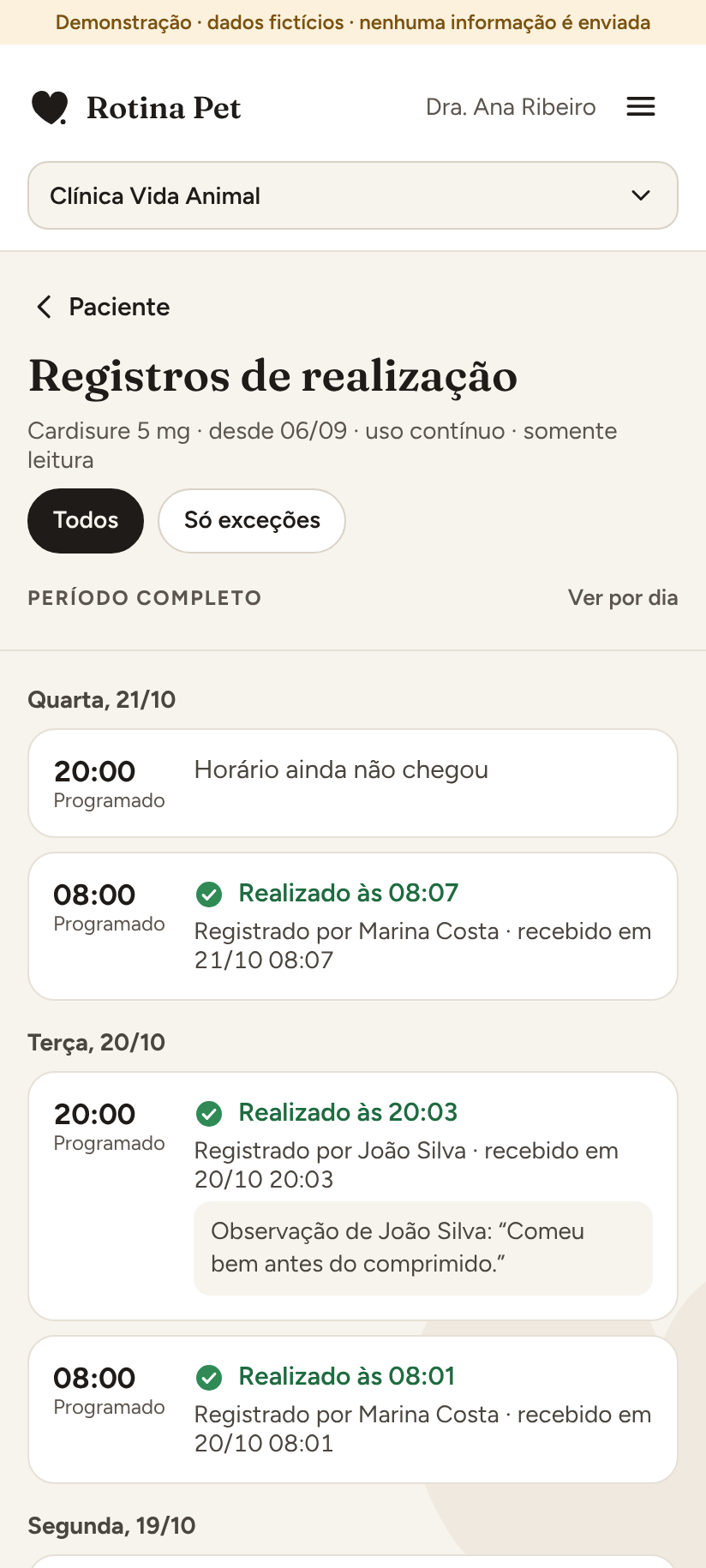 Registros de realização do Cardisure 5 mg, com o horário e quem registrou cada administração. Dados fictícios de demonstração.