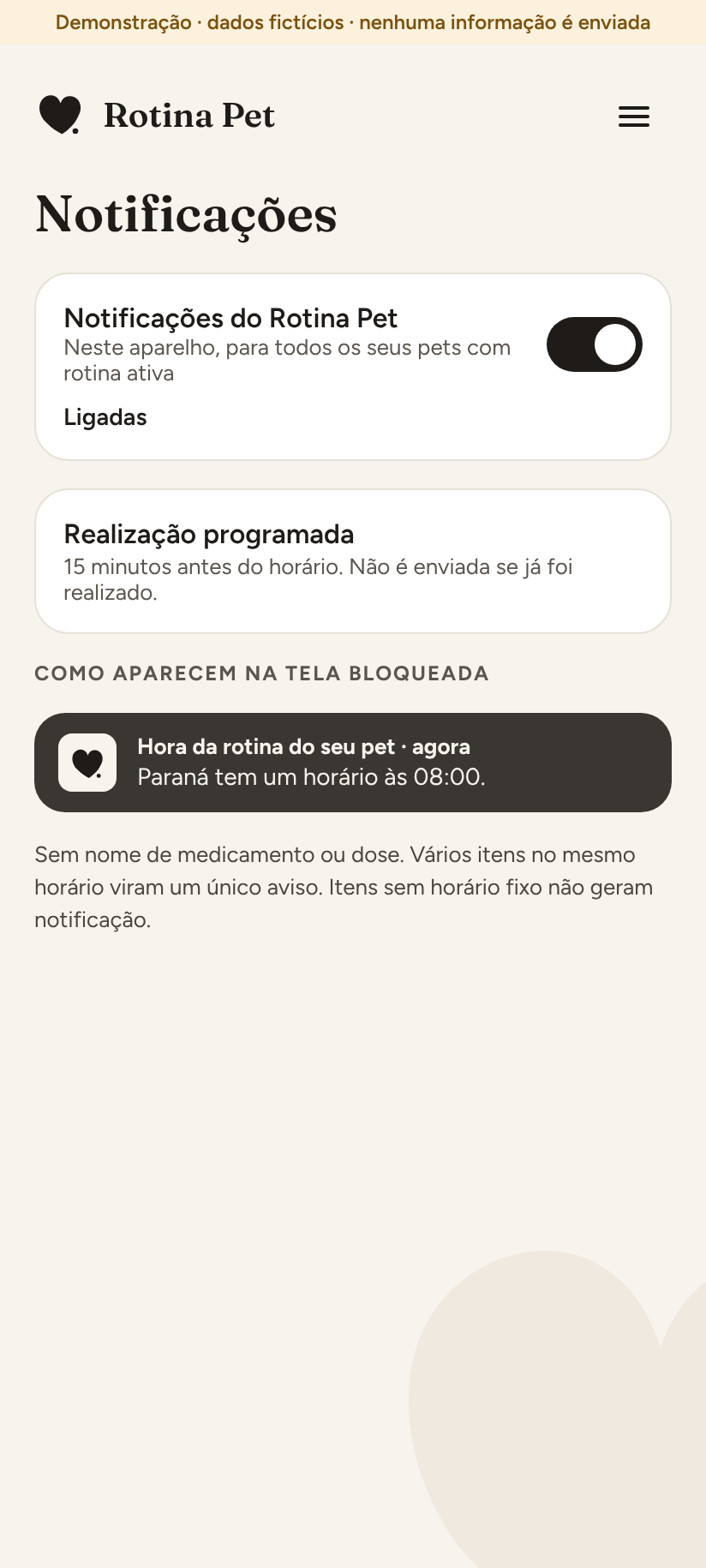 Tela de notificações do tutor, com os lembretes ligados e a prévia de como o lembrete aparece na tela bloqueada. Dados fictícios de demonstração.