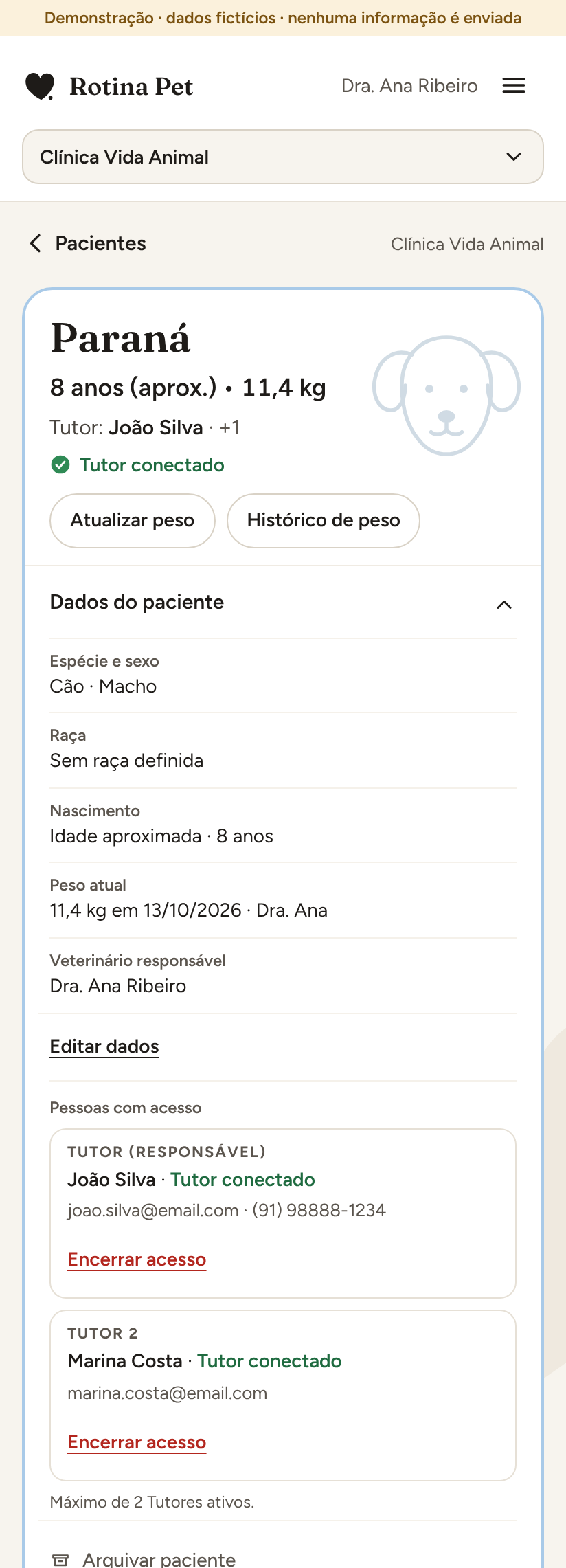 Dados do paciente Paraná com as pessoas com acesso: os tutores João Silva e Marina Costa. Dados fictícios de demonstração.